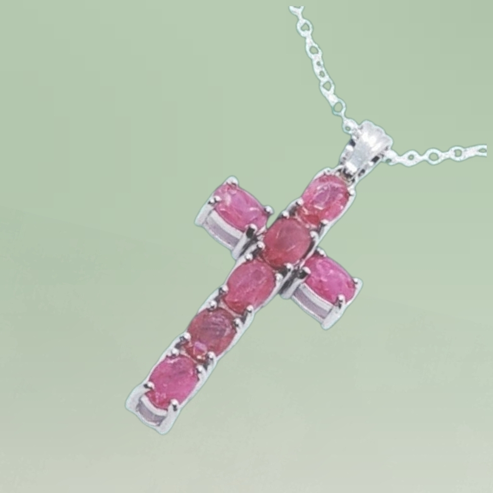 Sterling Silver Lab Grown Pink Sapphire Cross Pendant Necklace. NWOT - Picture 5 of 7